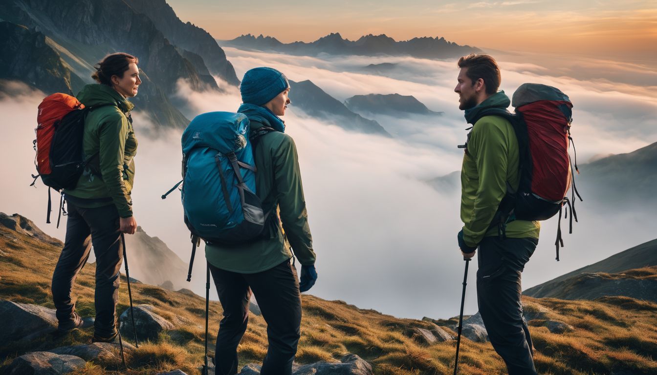 A diverse group of hikers standing on a misty mountaintop, capturing the beauty of nature with their cameras.