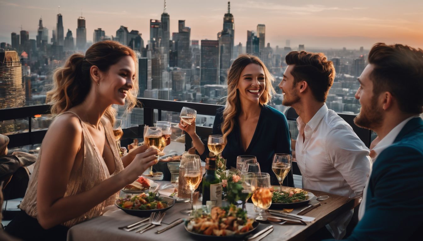 A diverse group of friends enjoy a rooftop dinner with a stunning view of the city skyline.