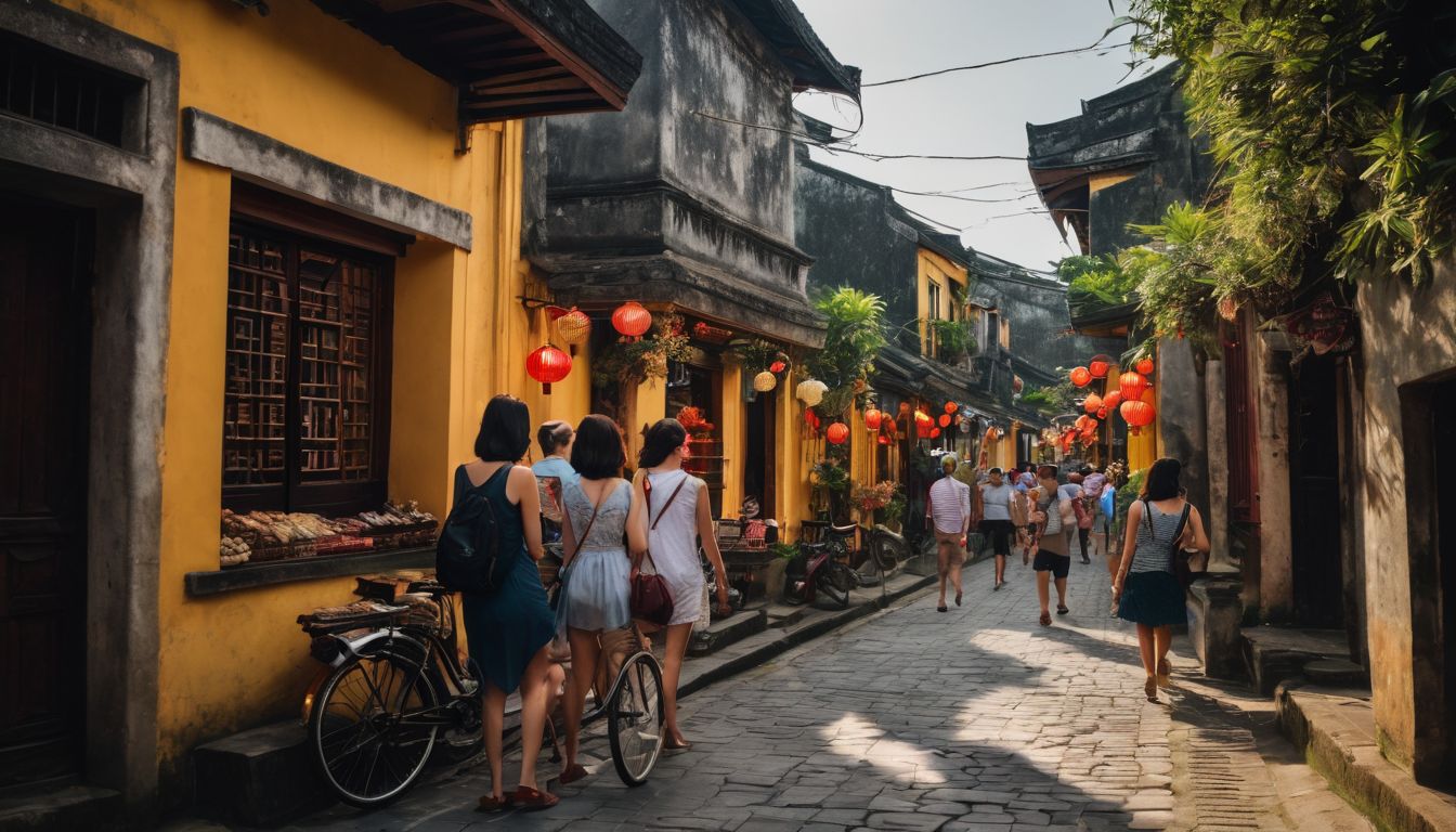 A diverse group of friends explores the ancient streets of Hoi An, capturing the bustling atmosphere with sharp focus and vivid colors.
