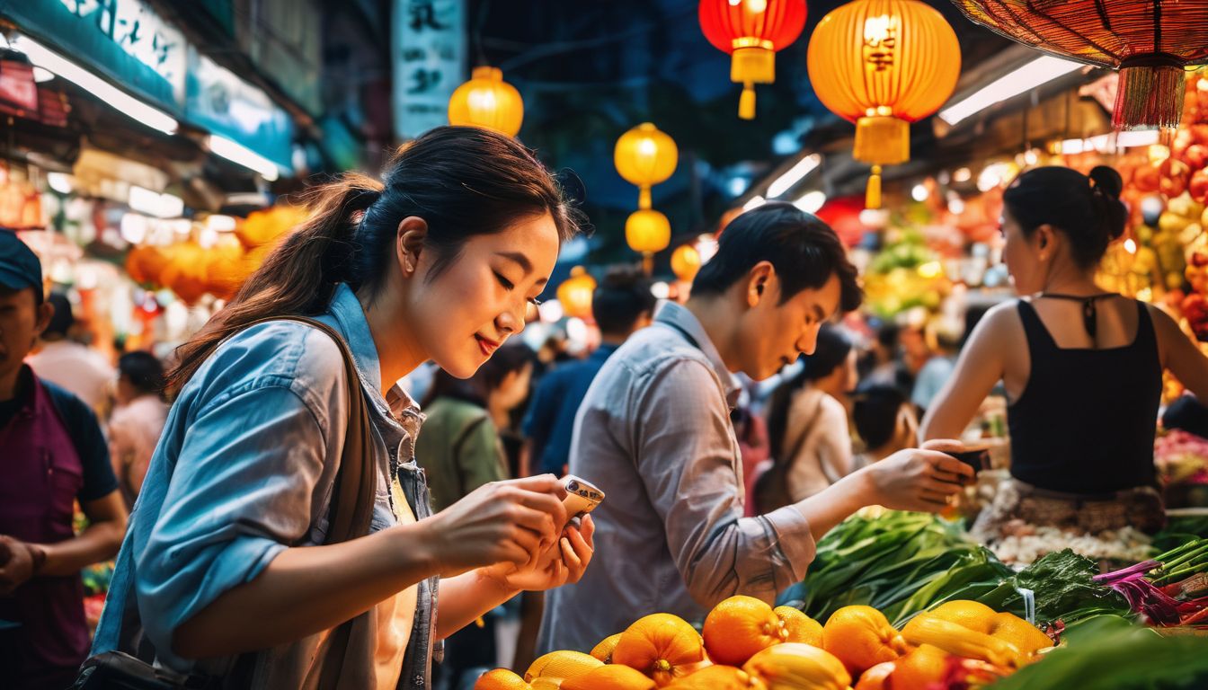 A diverse group of shoppers explores vibrant Vietnamese markets filled with unique products and bustling with activity.