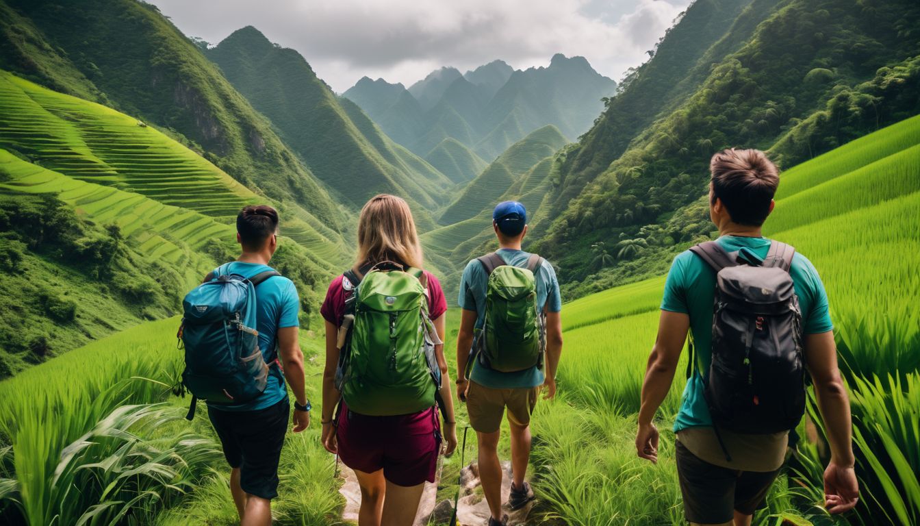 A diverse group of friends hike in the lush mountains of Vietnam, capturing the beauty with their high-quality cameras.