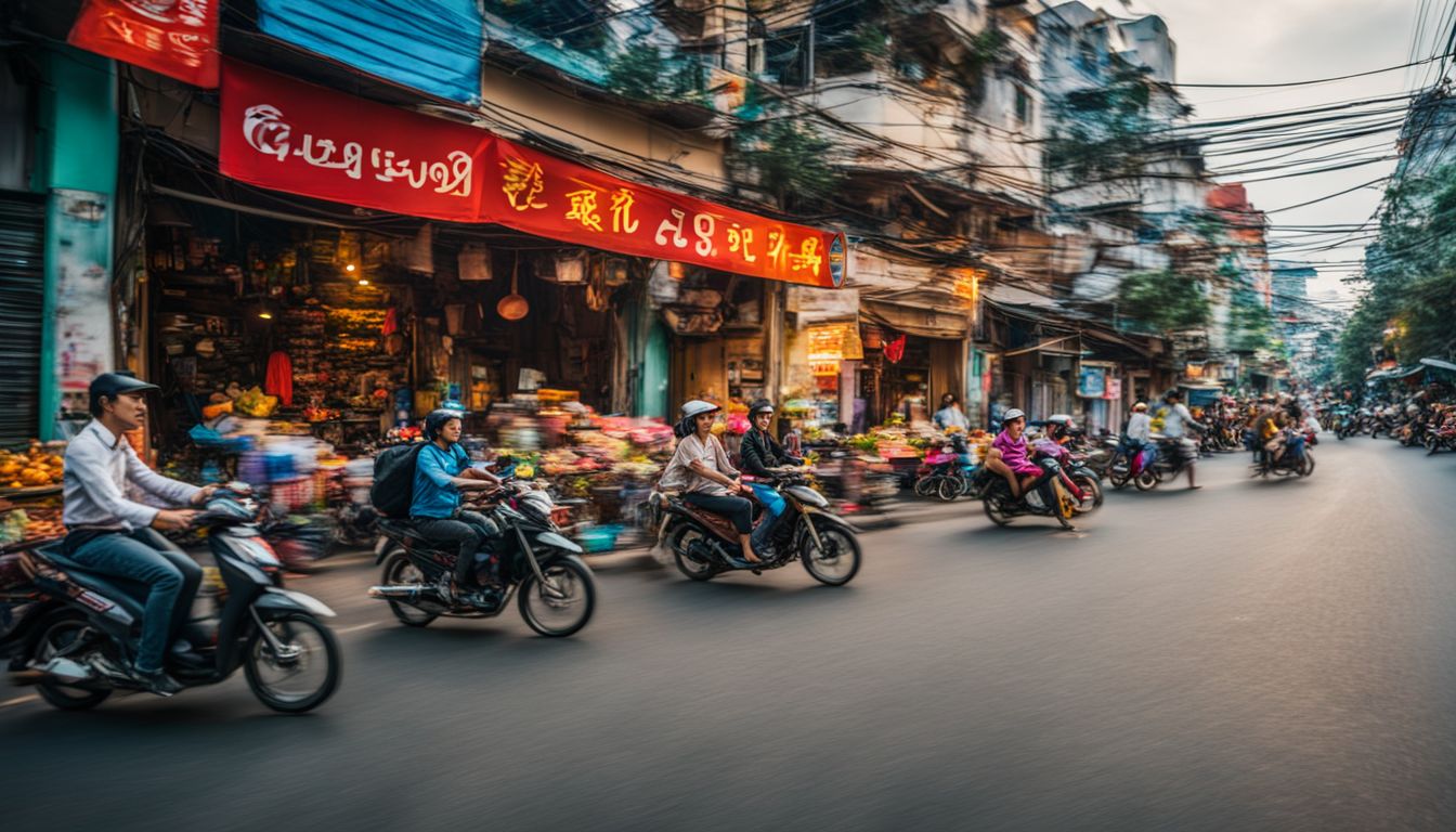 A lively street scene in Ho Chi Minh City, featuring motorbikes, colorful buildings, and street vendors.