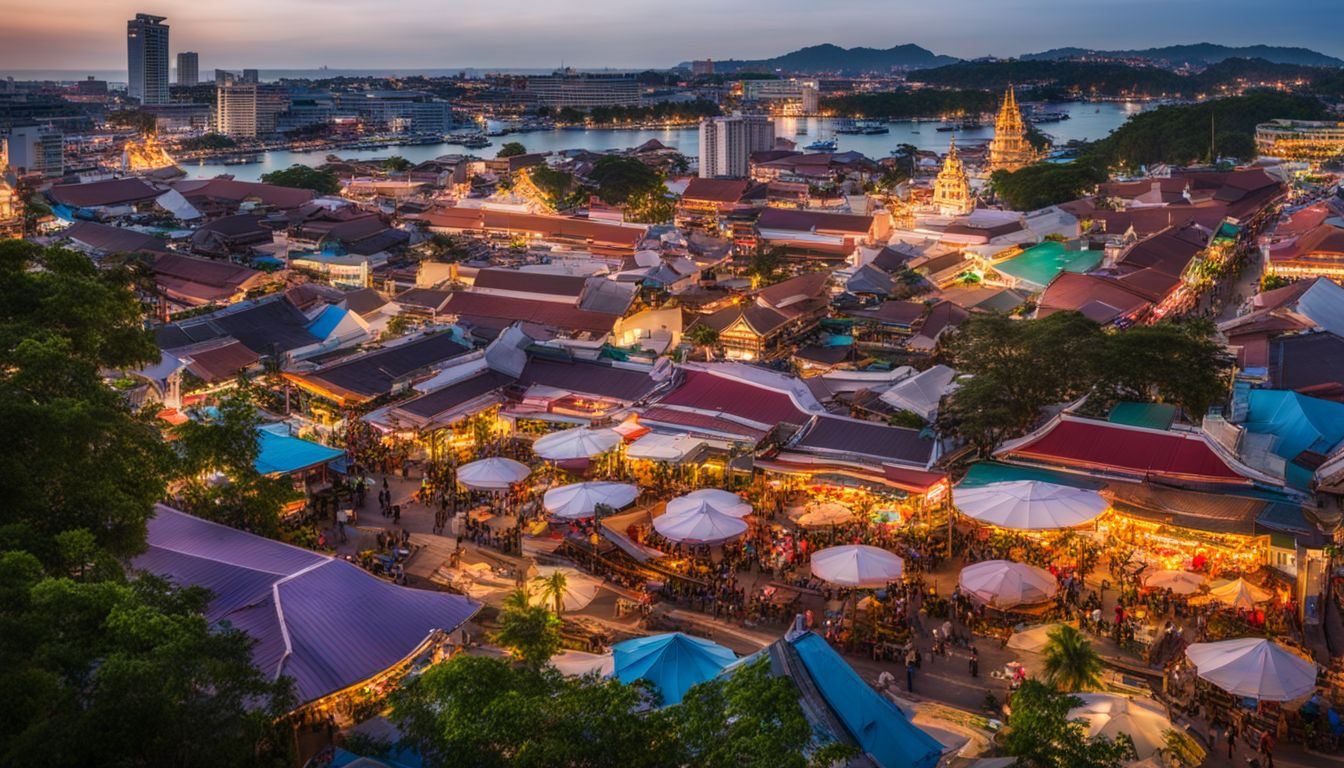 The photo showcases the vibrant marketplace of Golden Town Pattaya, with colorful buildings and a bustling atmosphere.