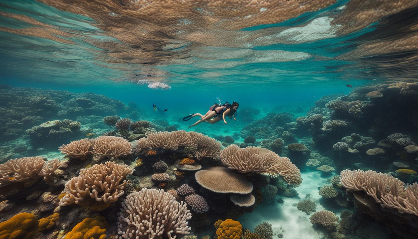 The image shows a diverse couple swimming among vibrant coral reefs in crystal clear waters.