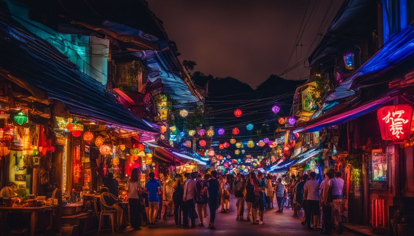 A vibrant and bustling cityscape photo capturing the colorful neon lights of the Chiang Mai Red Light District at night.