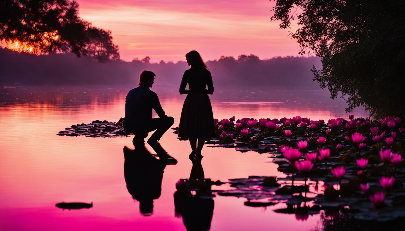 A man and a woman admire pink water lilies at sunset in a bustling atmosphere.
