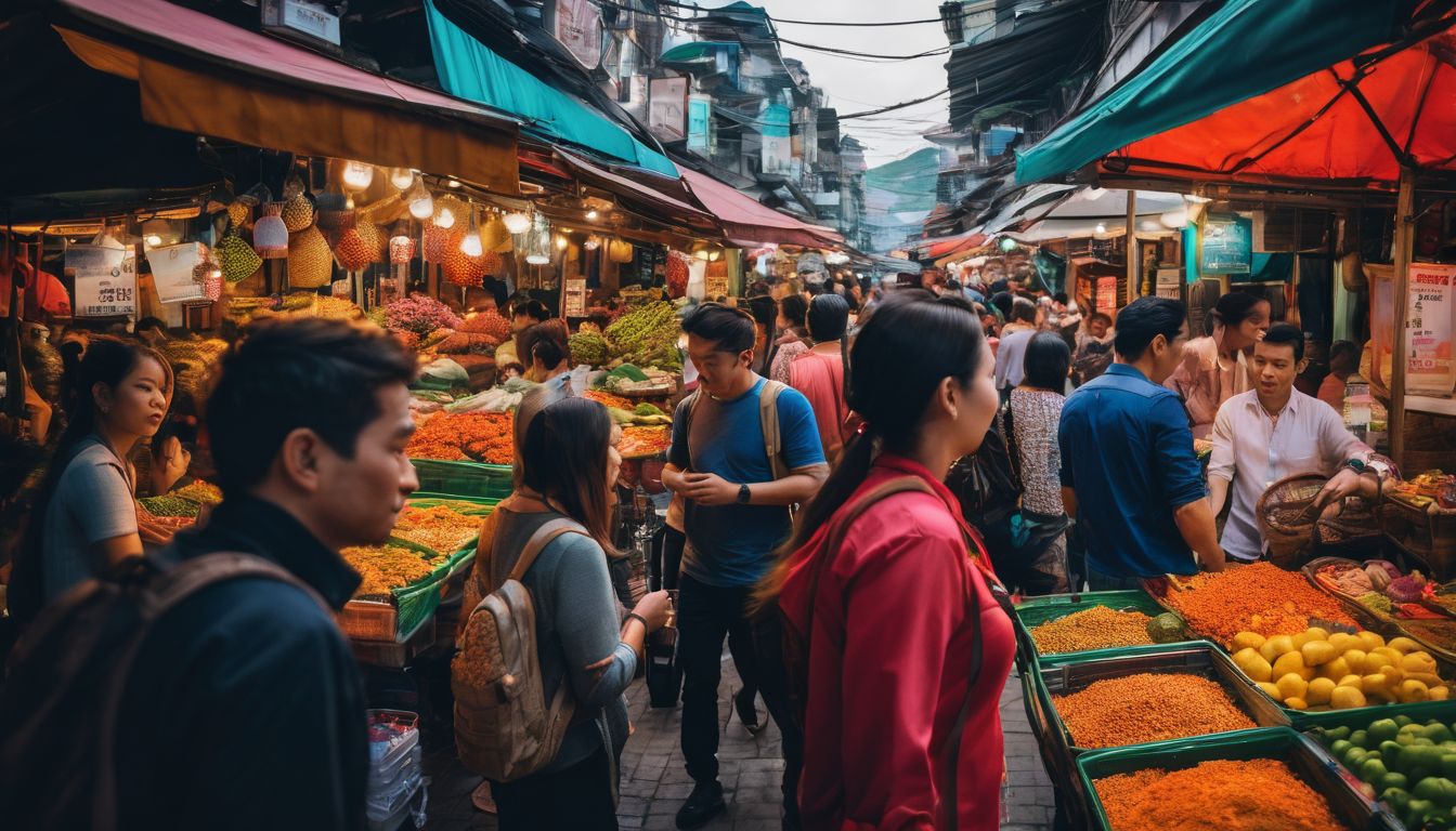 A diverse group of travelers explores a vibrant market in Trang, capturing the bustling atmosphere and colorful scenery.
