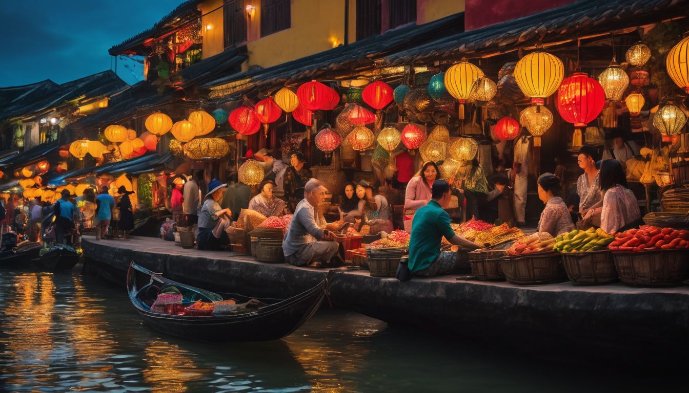 A group of diverse travelers enjoying a bustling market in Hoi An, surrounded by vibrant stalls.