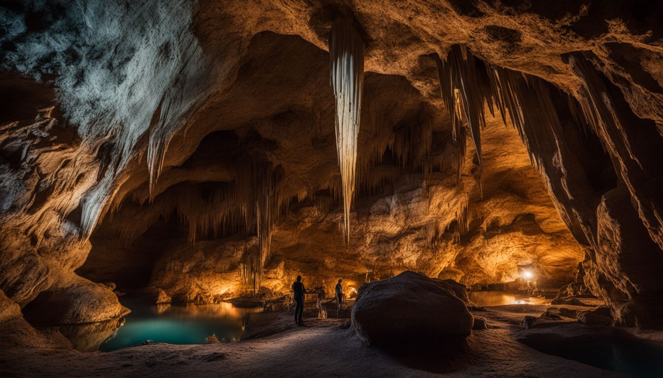 A stunning photograph of an ancient limestone cave chamber filled with mesmerizing stalactites and stalagmites.