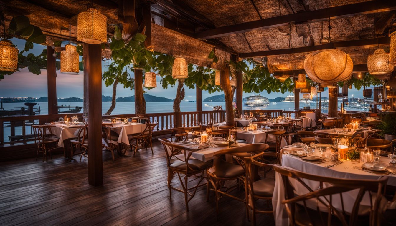 A vibrant waterfront restaurant serves a variety of delicious Thai dishes to a diverse group of people.