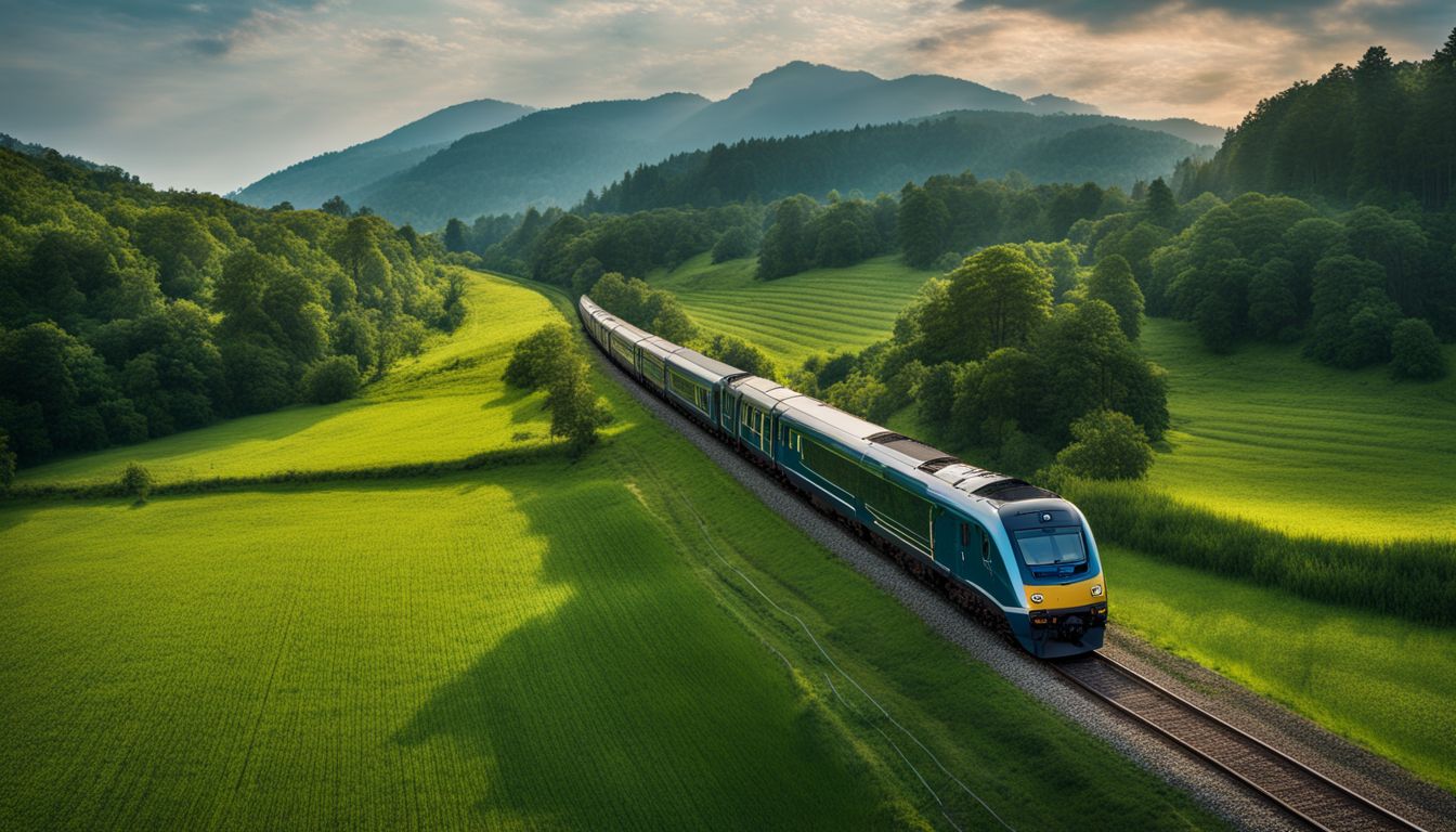 A train passing through beautiful countryside with diverse people and bustling atmosphere.