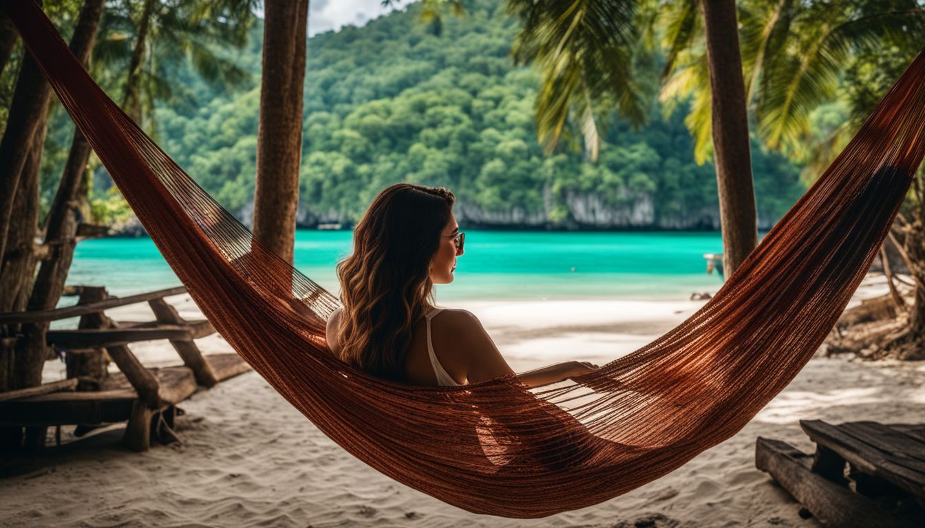 A woman enjoys a relaxing hammock overlooking the turquoise waters of Koh Jum Island.