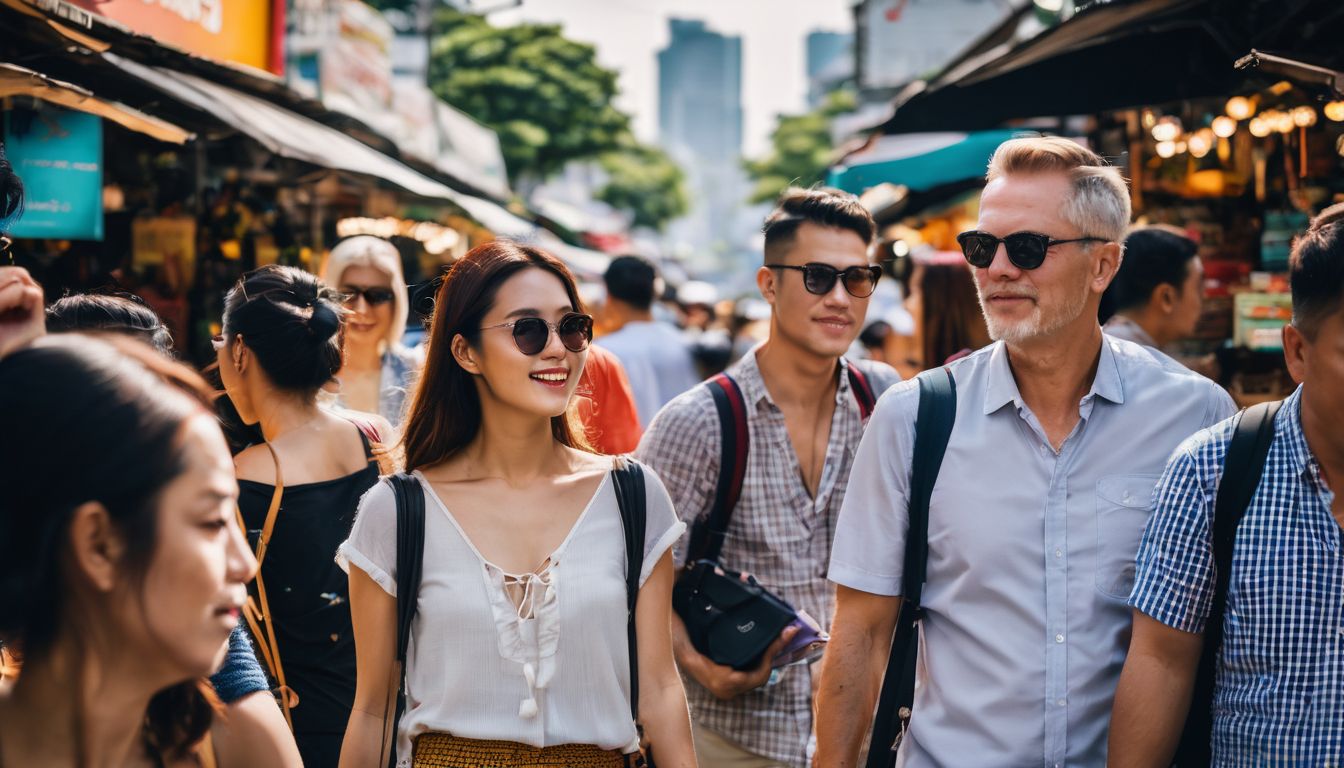 A diverse group of shoppers exploring the bustling Chatuchak Market in a vibrant cityscape.