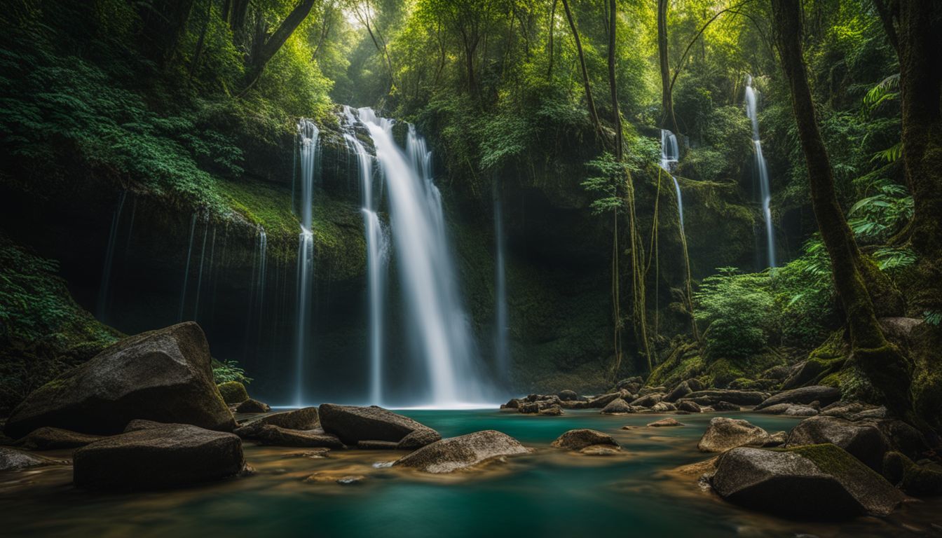 A beautiful waterfall in a jungle with diverse people enjoying the surroundings, captured in high-quality photography.