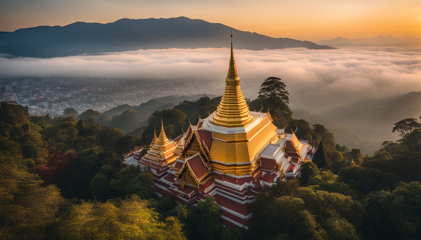 The photo shows Wat Phra That Doi Suthep temple at sunrise, overlooking mist-covered mountains, with a bustling atmosphere and different people.
