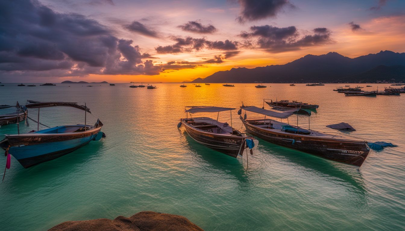 A stunning photo capturing a vibrant sunset over the clear waters of Samui, Thailand with diverse people and a bustling atmosphere.