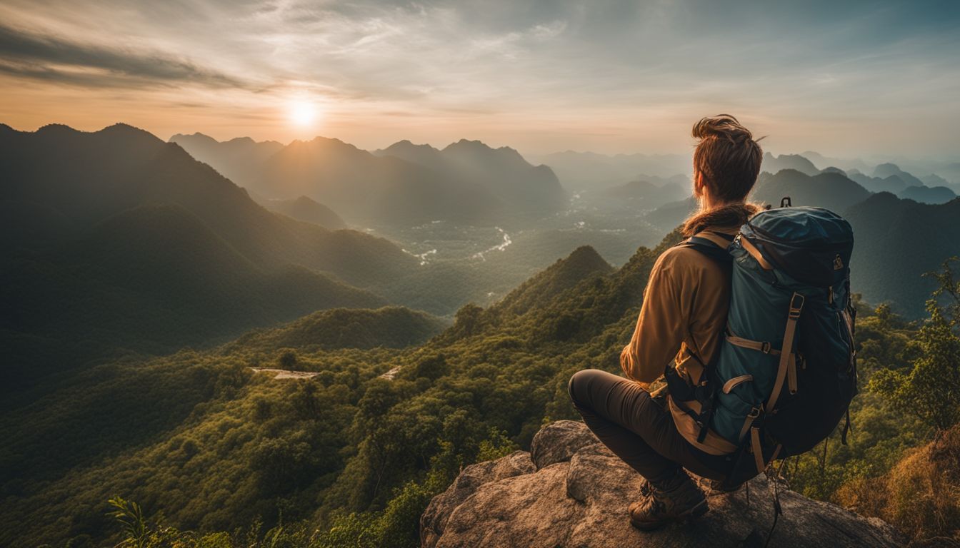 A hiker enjoys breathtaking views from the top of a mountain in Thailand.