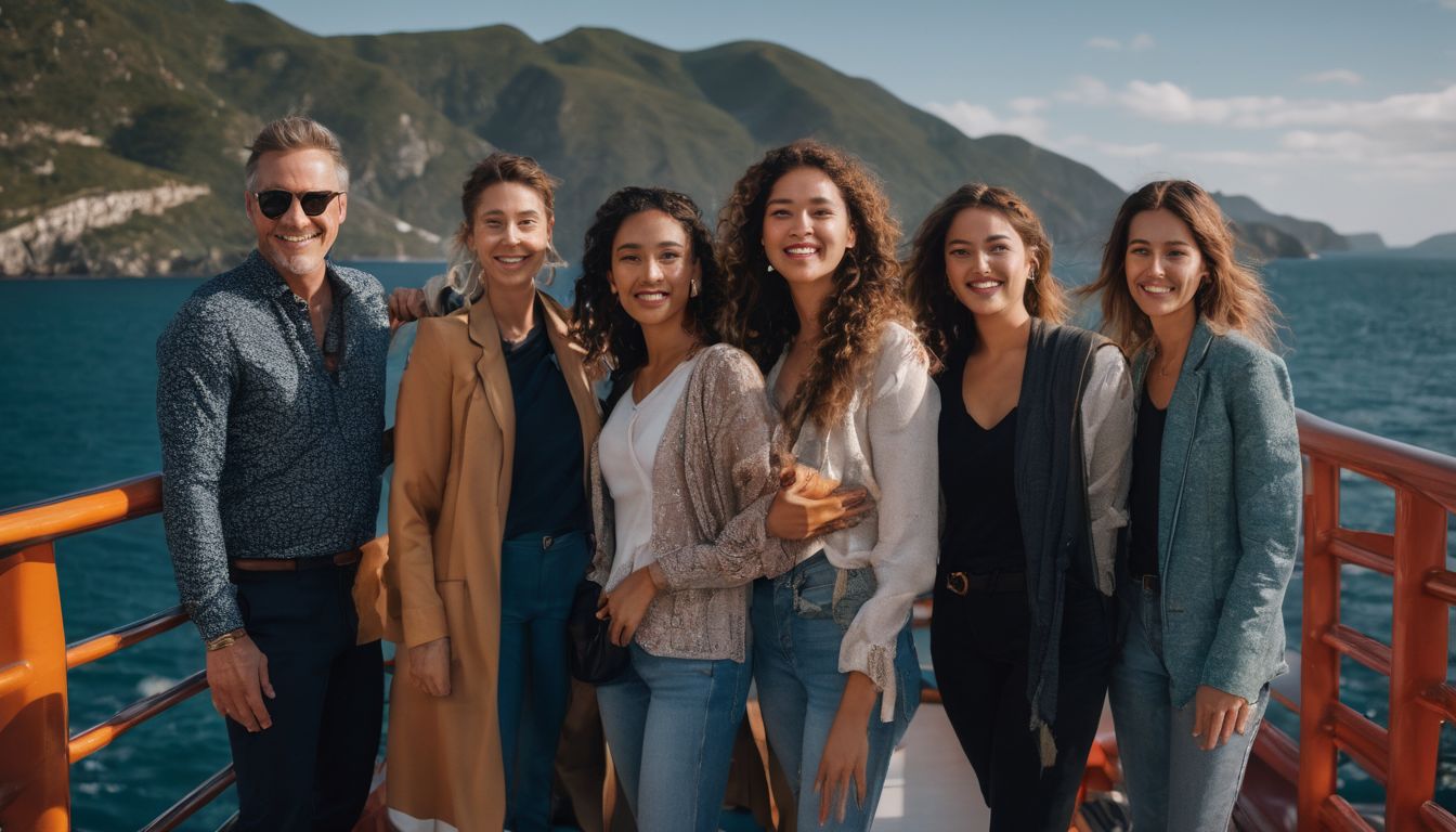 A diverse group of travelers on a ferry deck surrounded by beautiful coastal scenery.