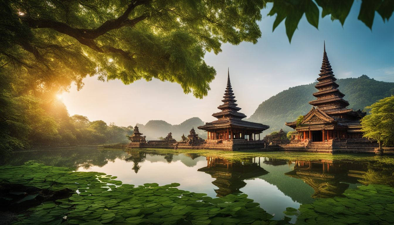 A stunning photo of an ancient temple surrounded by lush greenery and reflected in a serene pond.