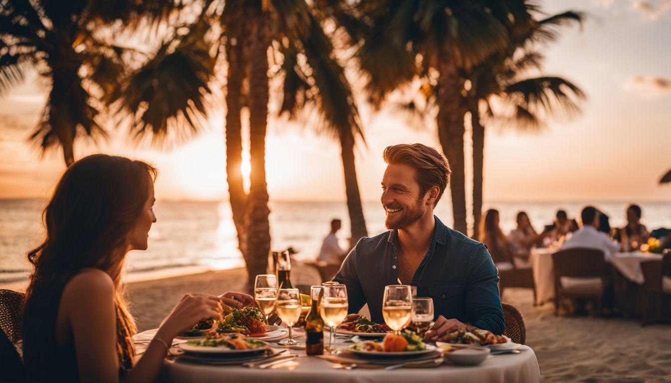 A couple enjoying a romantic sunset dinner at the beach surrounded by palm trees and the ocean.