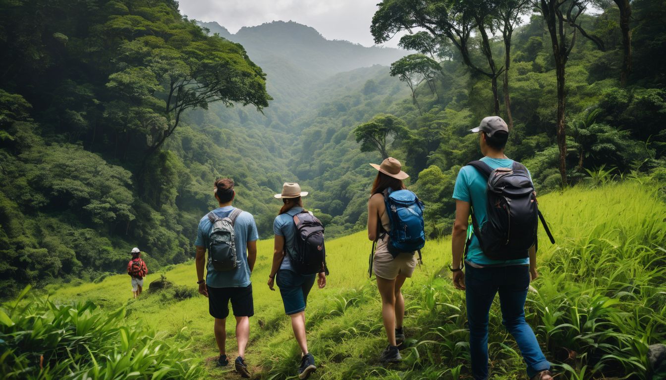 A diverse group of tourists exploring the vibrant greenery of Khao Yai National Park.