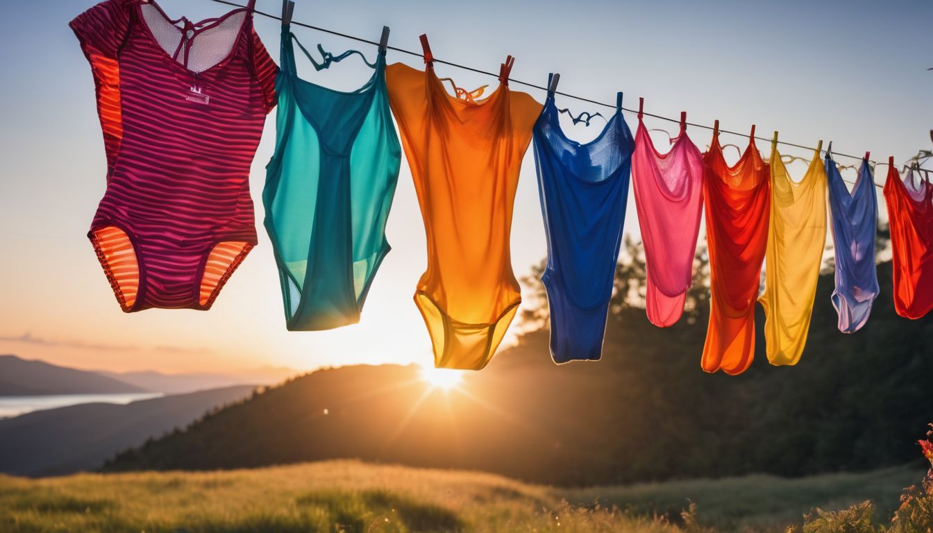 A vibrant display of colorful thong underwear hanging on a clothesline outdoors.