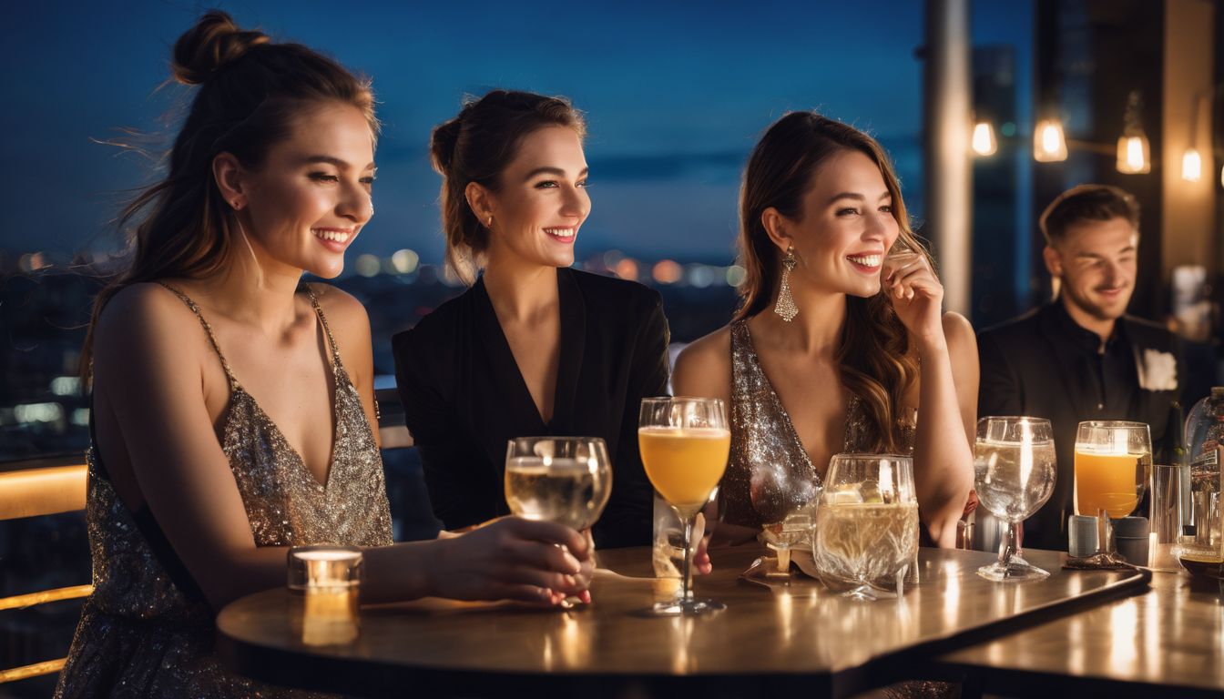 A diverse group of friends enjoy a night out in a vibrant rooftop bar with a beautiful cityscape backdrop.