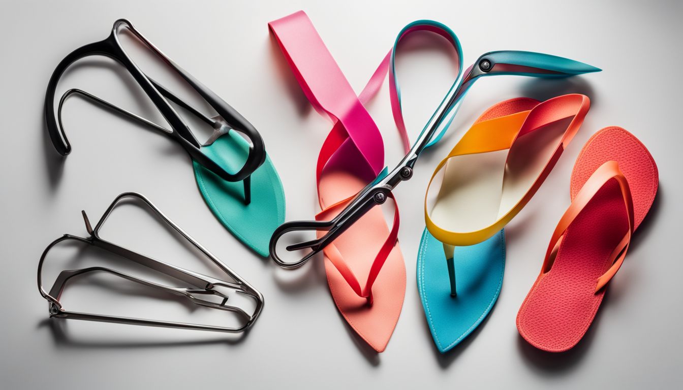 A photo of colorful thongs and kitchen tongs placed side by side on a white background.