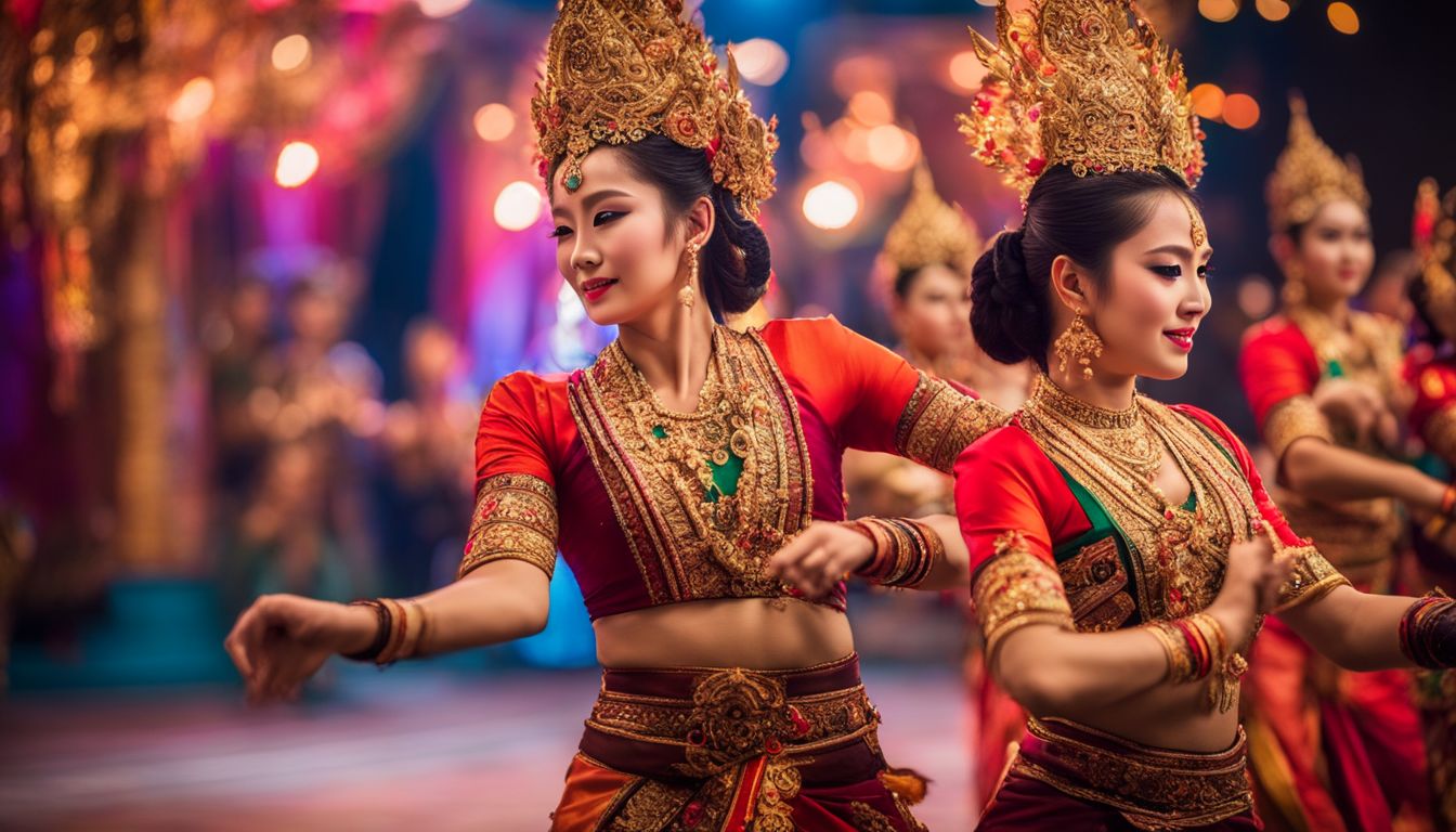 A photo of Thai dancers in colorful costumes, showcasing different faces, hair styles, and outfits.