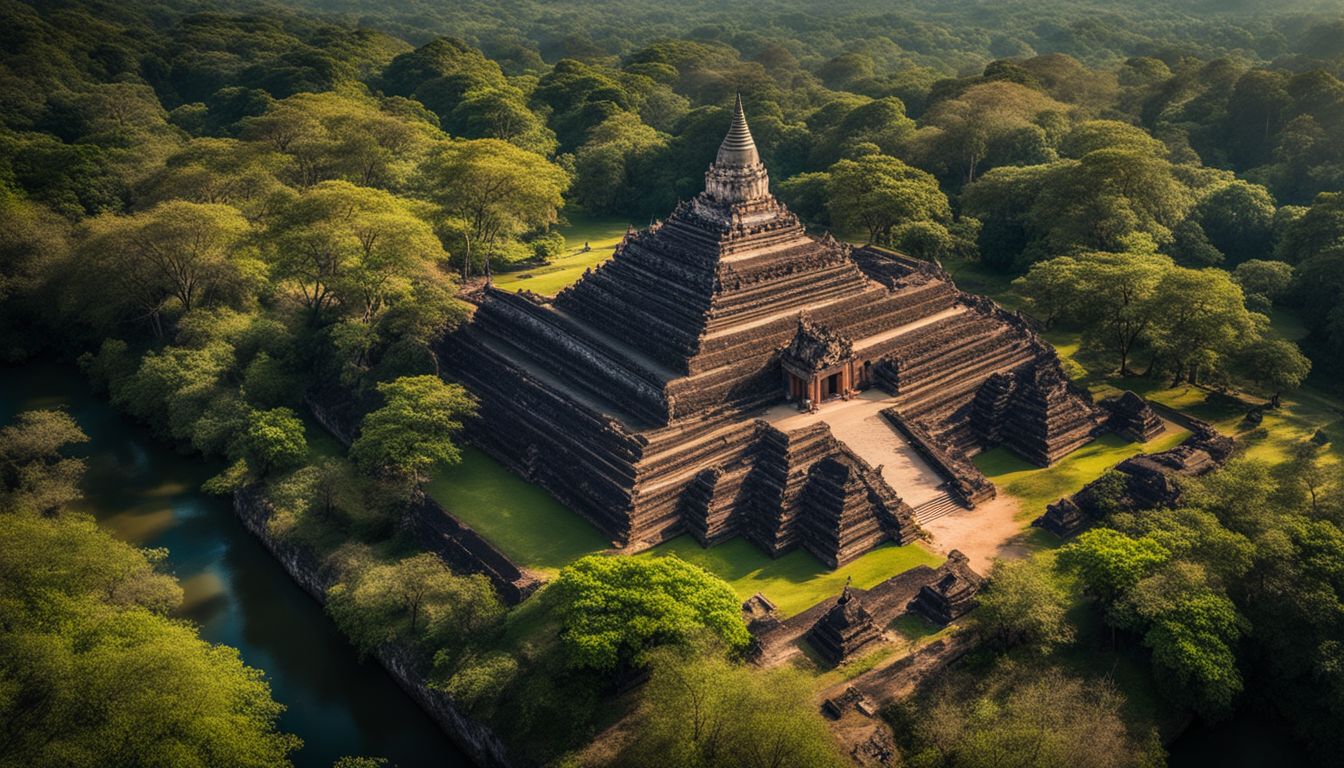 A stunning aerial view of Si Satchanalai Historical Park, revealing the ancient temples and ruins.