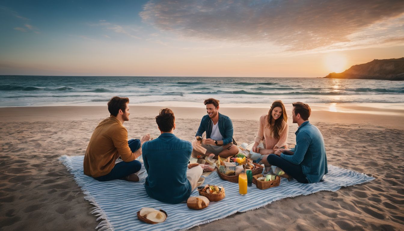 A diverse group of friends enjoys a picnic on a beautiful beach at sunset.
