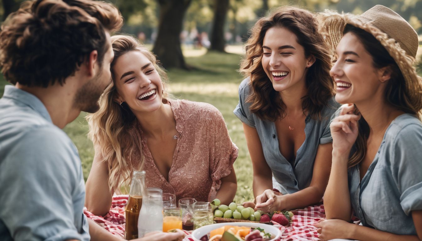 A diverse group of friends enjoy a picnic in a park, captured in a vibrant and lively photograph.