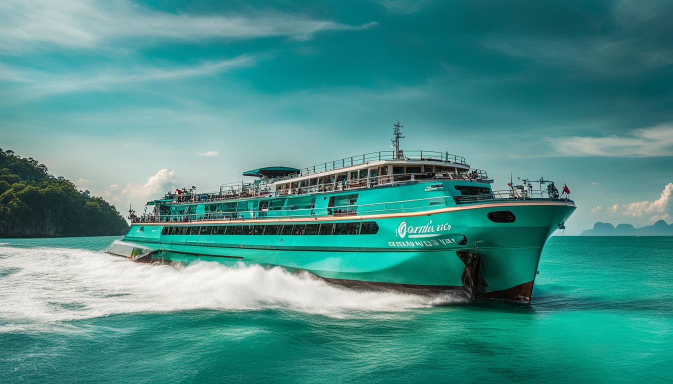 A ferry sails across turquoise waters between Koh Lanta and Krabi, capturing the bustling atmosphere and beauty of the scene.