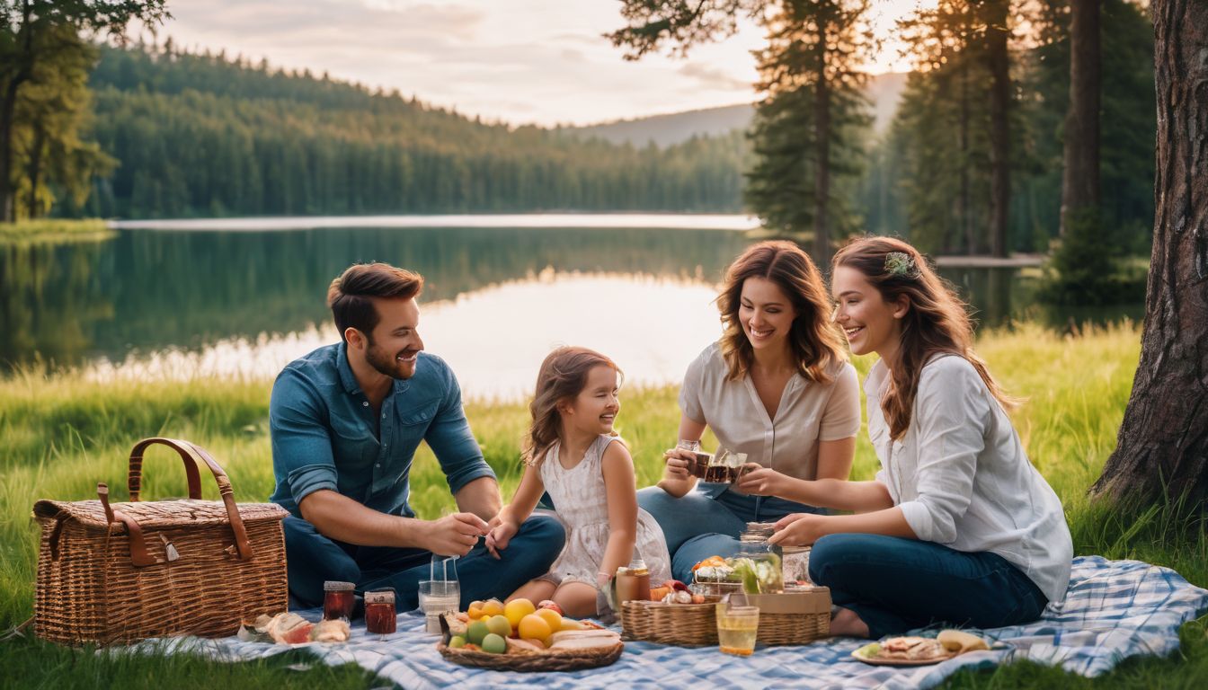 A family of four enjoying a picnic in a park with a beautiful lake and tall trees in the background.