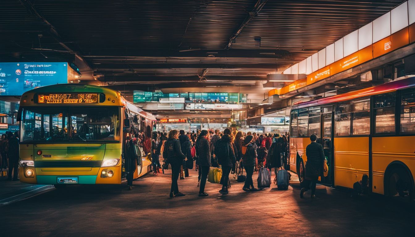 A vibrant and lively bus station filled with a diverse crowd of people boarding buses.