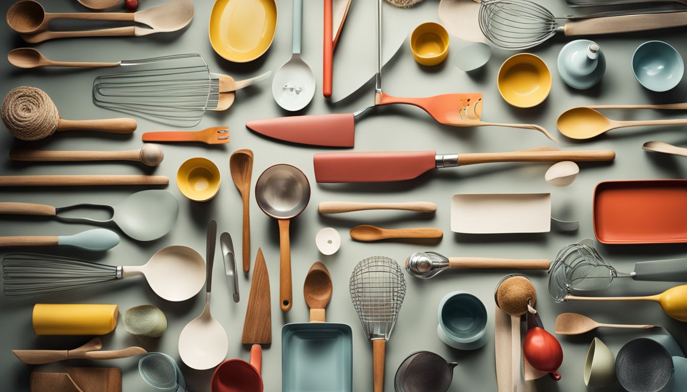 A creative collage of kitchen utensils arranged to form letters or words in a bustling atmosphere.