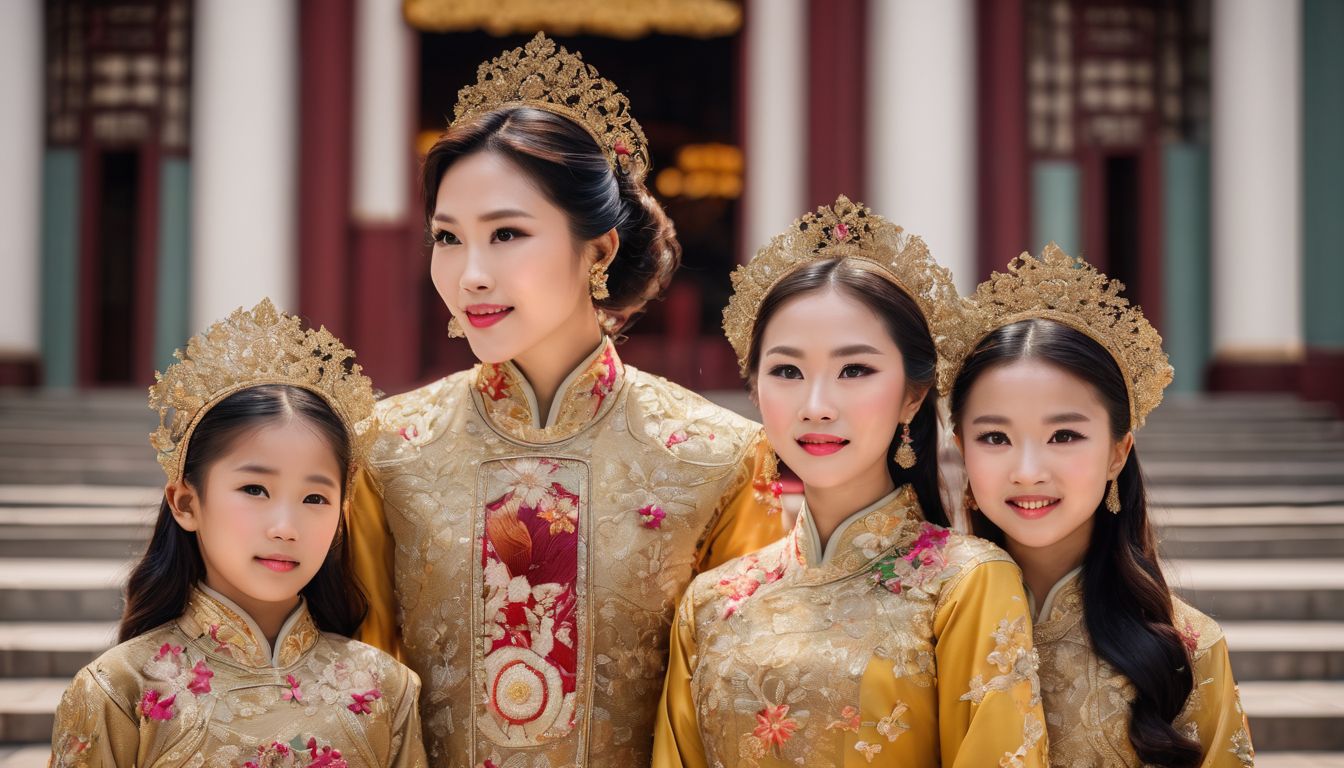 A Vietnamese family in traditional ao dai dresses poses in front of the Saigon Opera House.