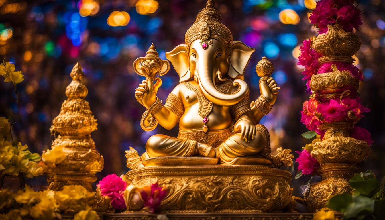 A photo of a golden statue of Ganesha surrounded by colorful Thai decorations and a bustling atmosphere.