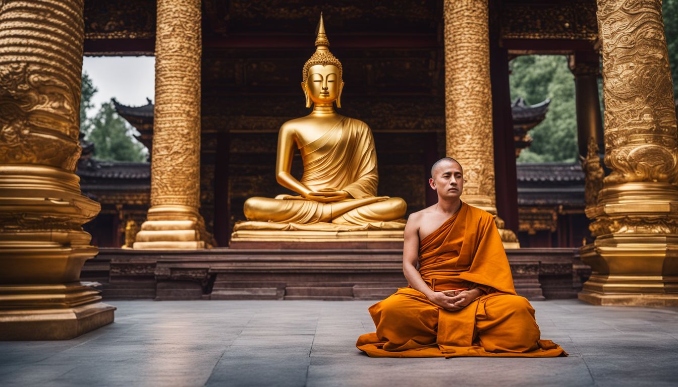 A Buddhist monk meditates next to a golden statue in a serene temple courtyard.