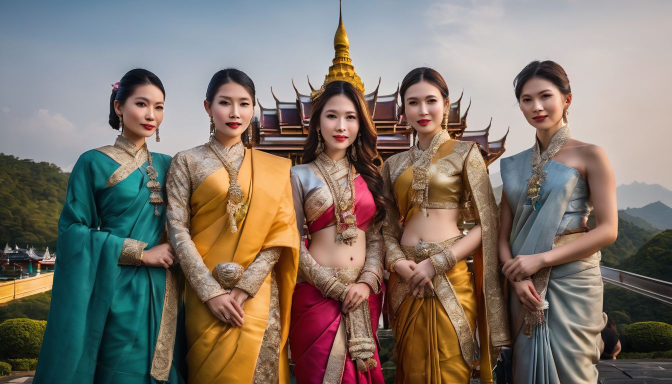 A diverse group of people in traditional Thai clothing posing in front of the Big Buddha temple.