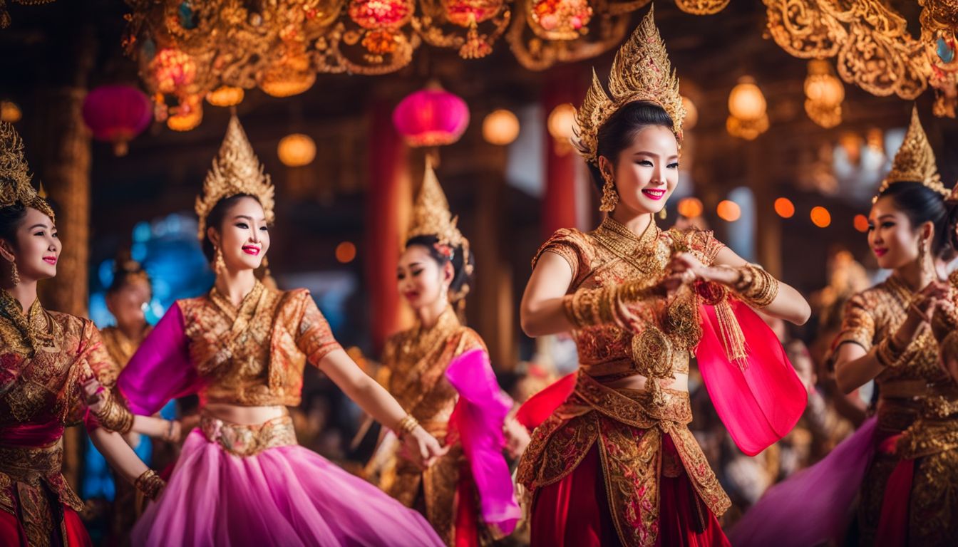 A photo of Thai traditional dancers in ornate costumes surrounded by vibrant decorations in a bustling atmosphere.