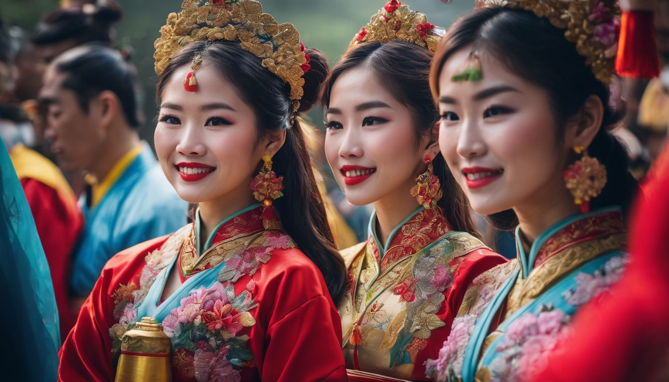 A group of people wearing traditional Vietnamese costumes performing music and dance.