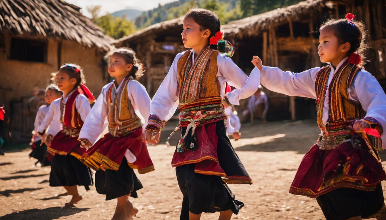 A photo of children from an ethnic minority group performing traditional dance in a vibrant village.