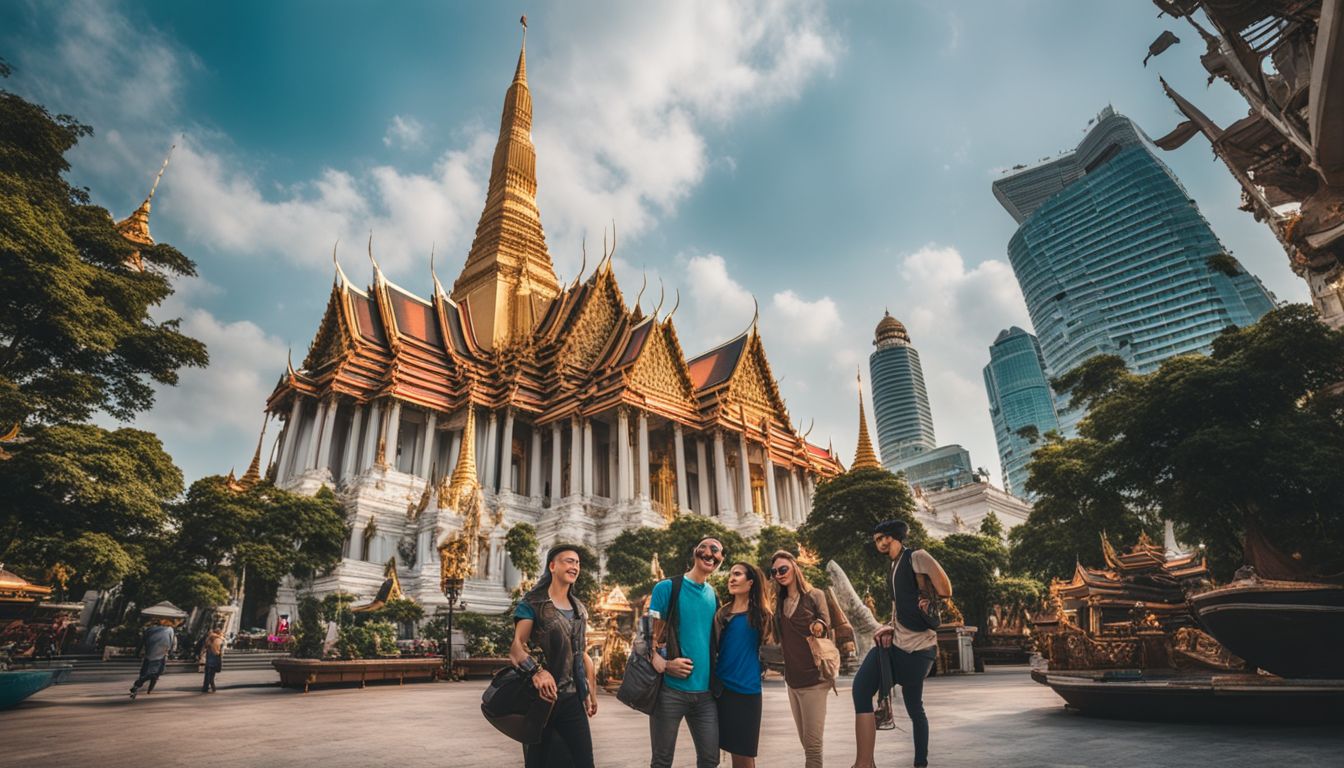 Customers posing and smiling in front of famous landmarks in Bangkok, captured in high quality.