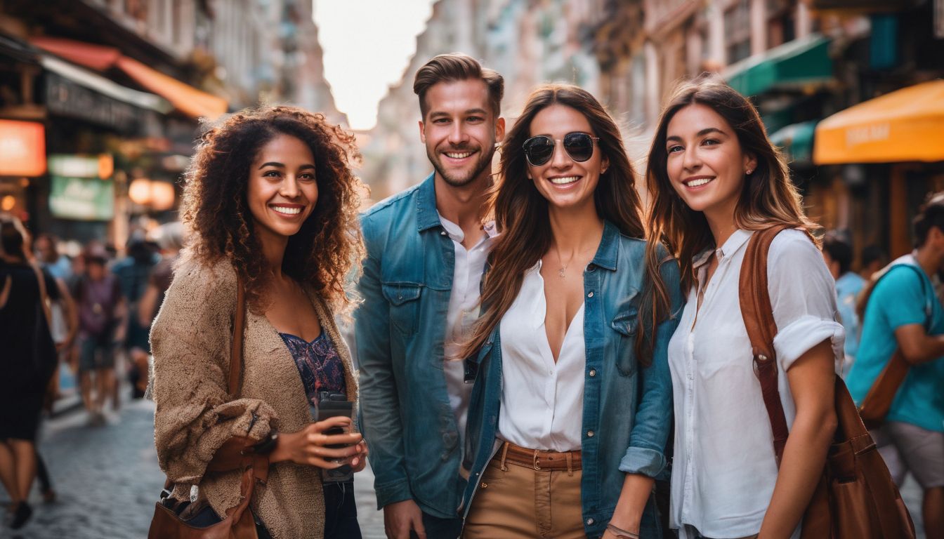 A diverse group of travelers happily exploring a vibrant city.