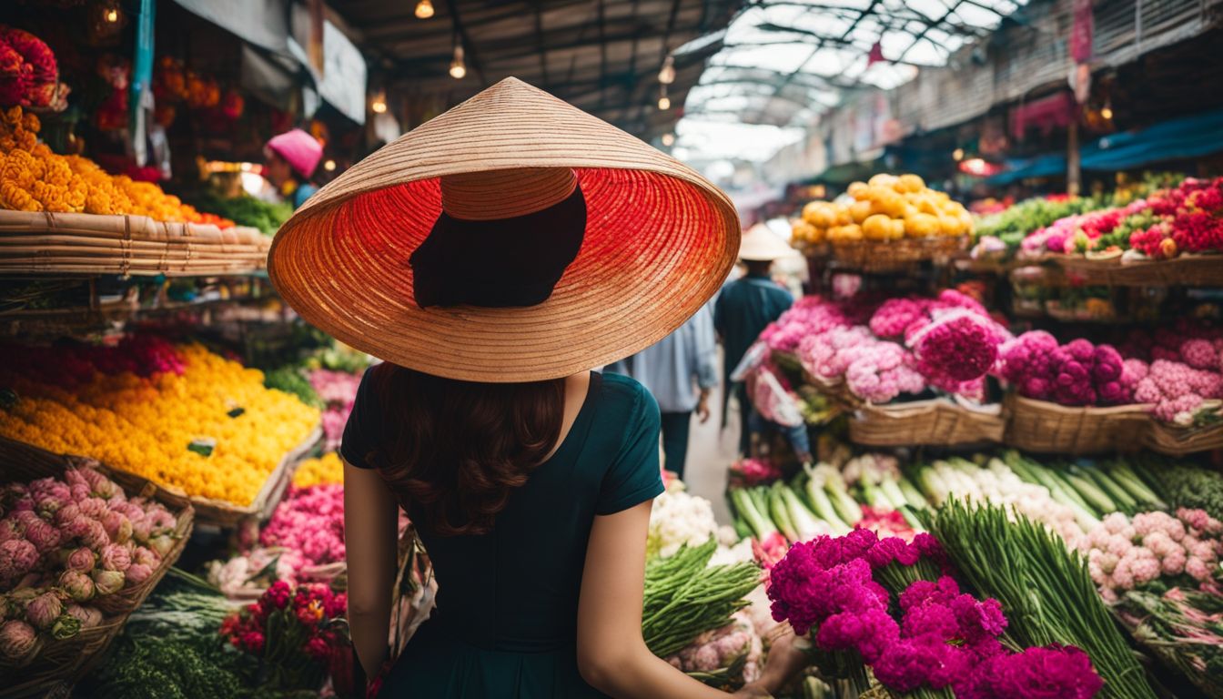 A photo of a woman walking through a vibrant flower market capturing the bustling atmosphere and diverse individuals.