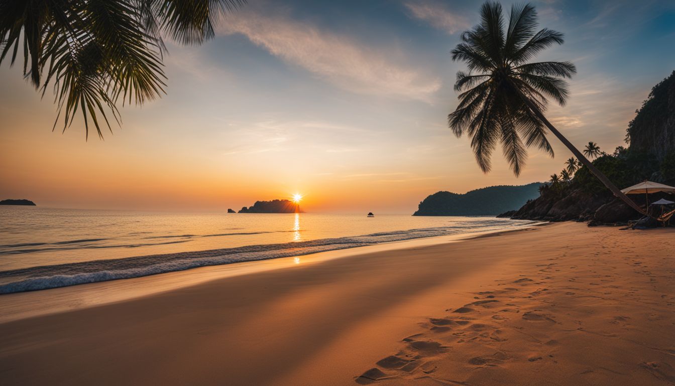 A picturesque sunset landscape in Thailand with a serene beach, palm trees, and clear blue skies.