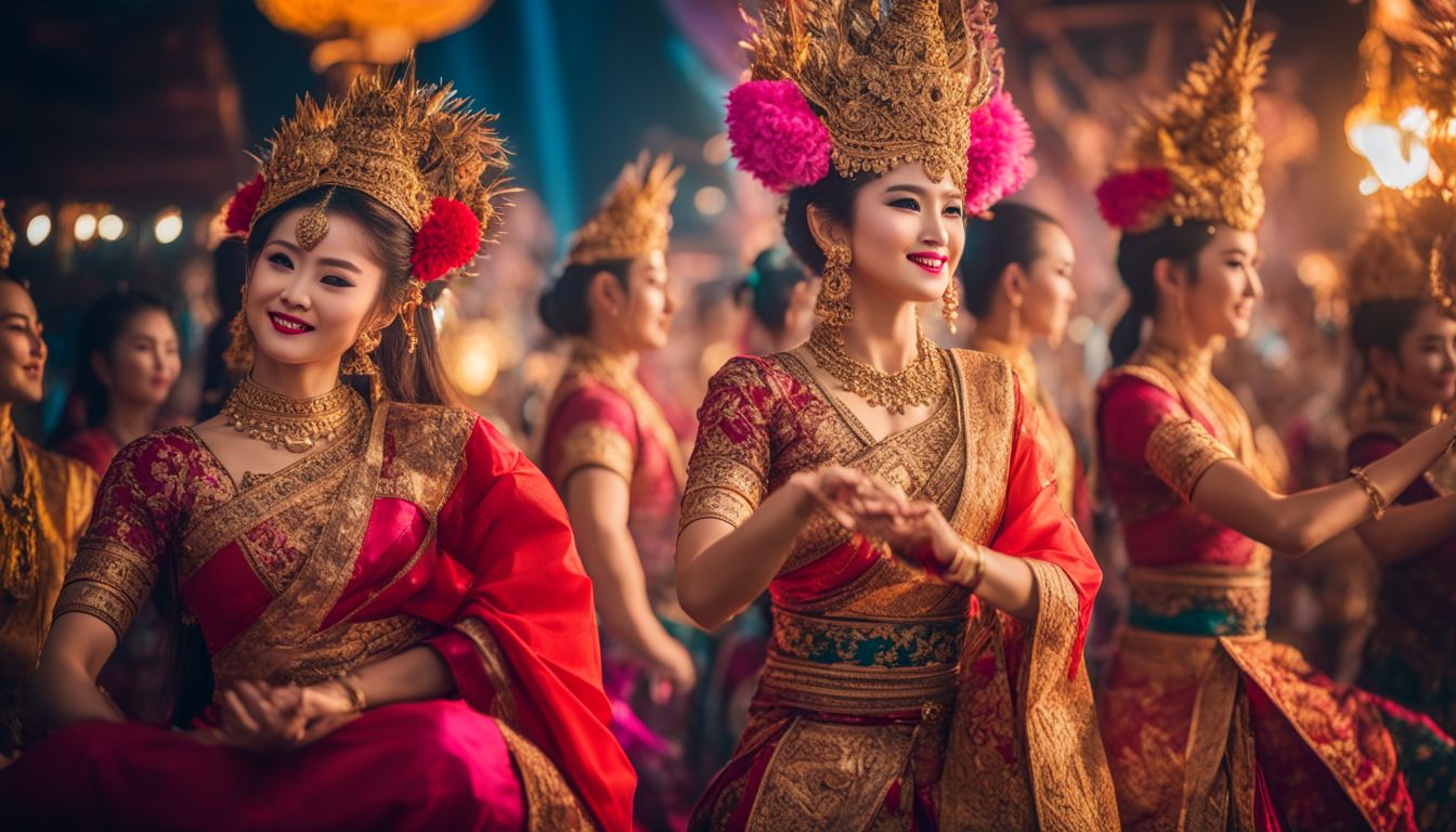 Thai dancers in traditional costumes performing in front of a vibrant backdrop.