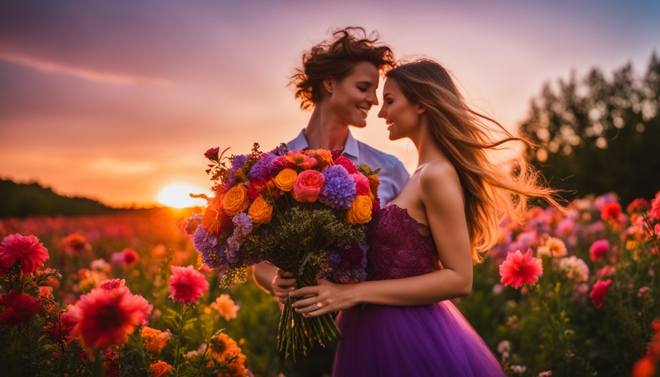 A vibrant bouquet of flowers with a colorful sunset background in a bustling atmosphere.