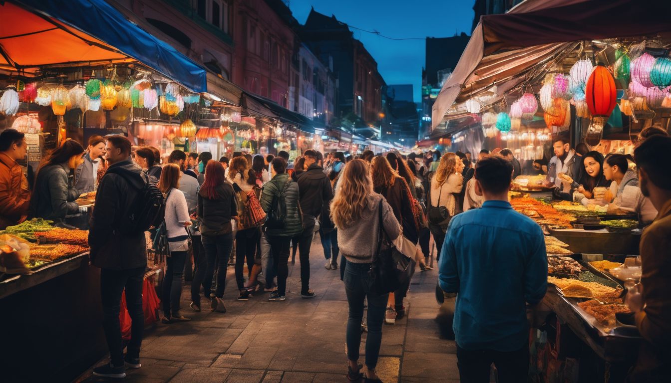 A group of friends exploring a lively night market filled with colorful stalls and delicious street food.